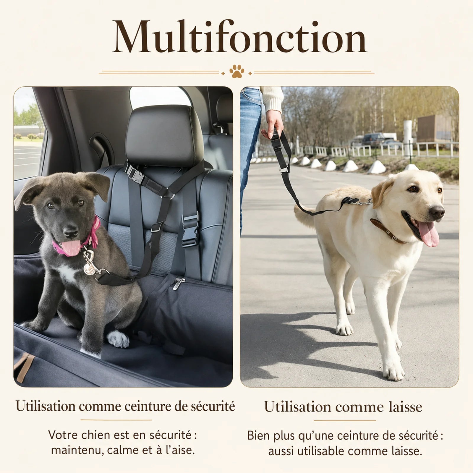 Attache Chien Voiture Appuie-Tête - Multifonction ceinture de sécurité et laisse