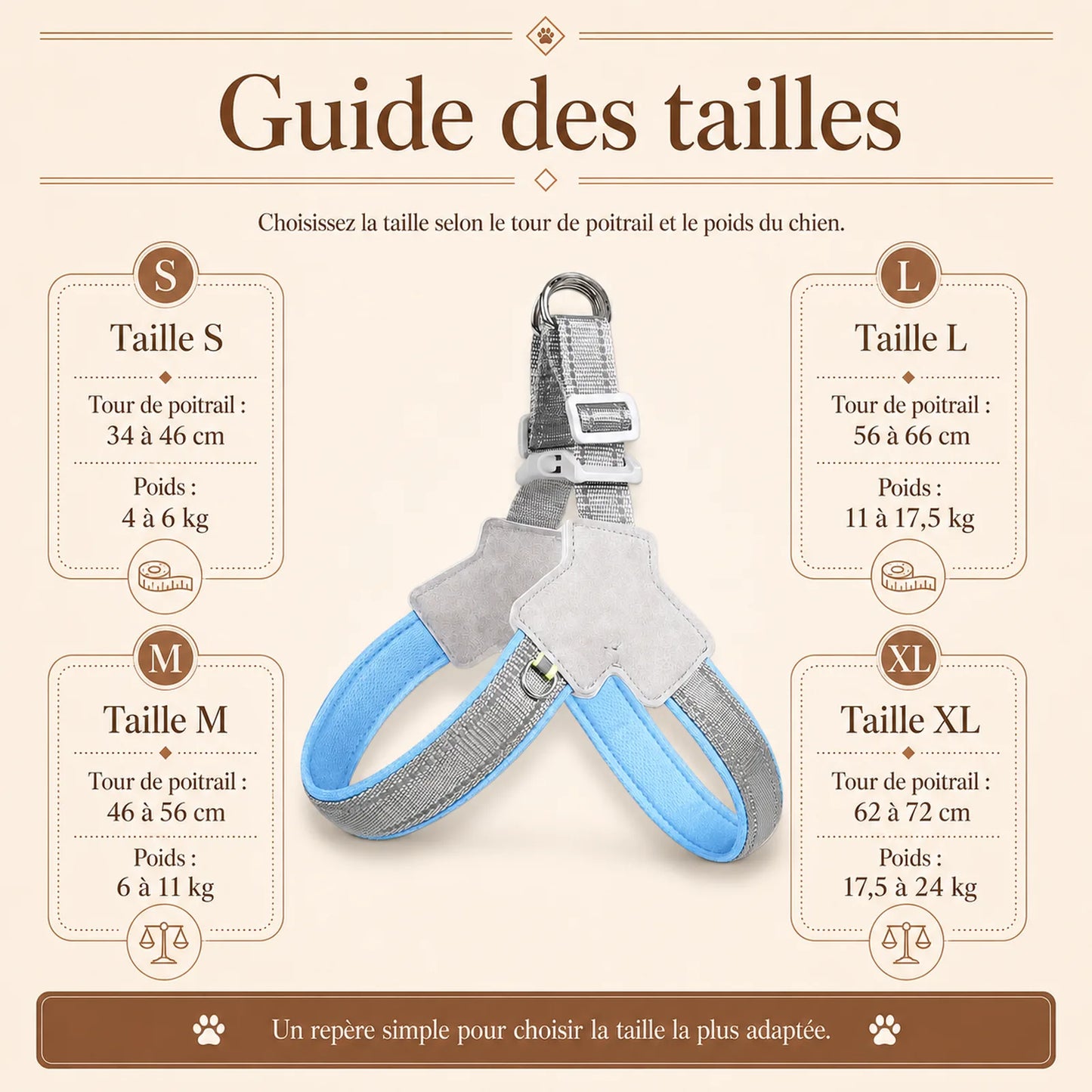harnais chien bleu reflechissant guide des tailles