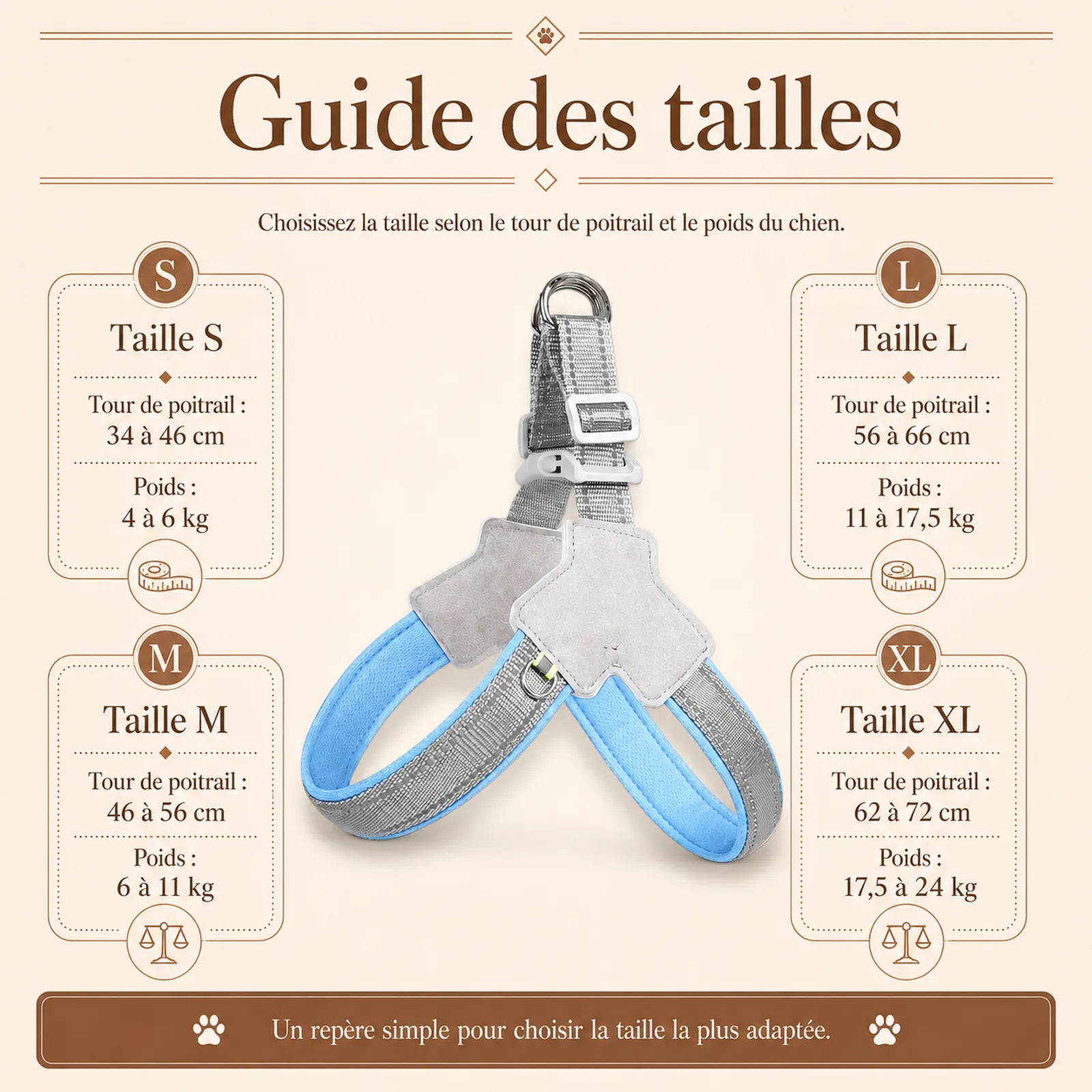 harnais chien bleu reflechissant guide des tailles