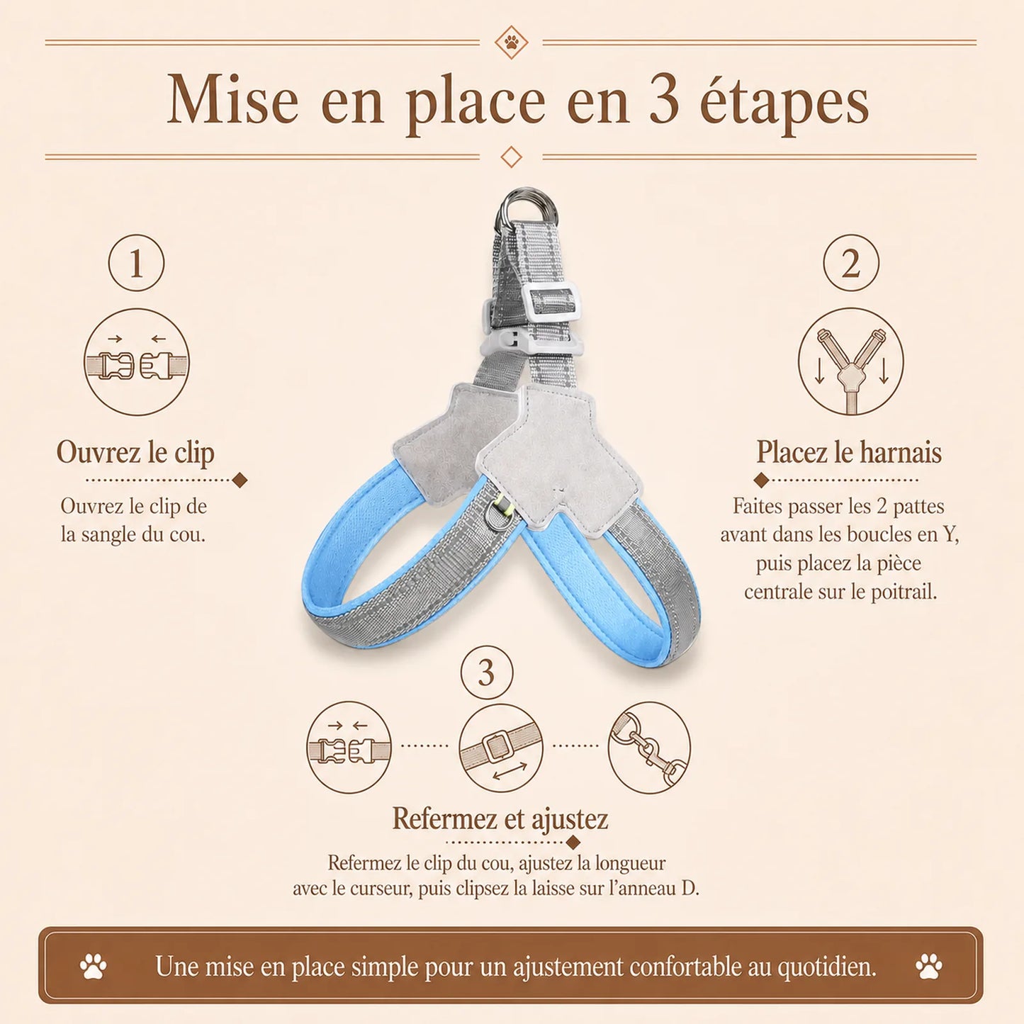 harnais chien bleu reflechissant mise en place 3 etapes