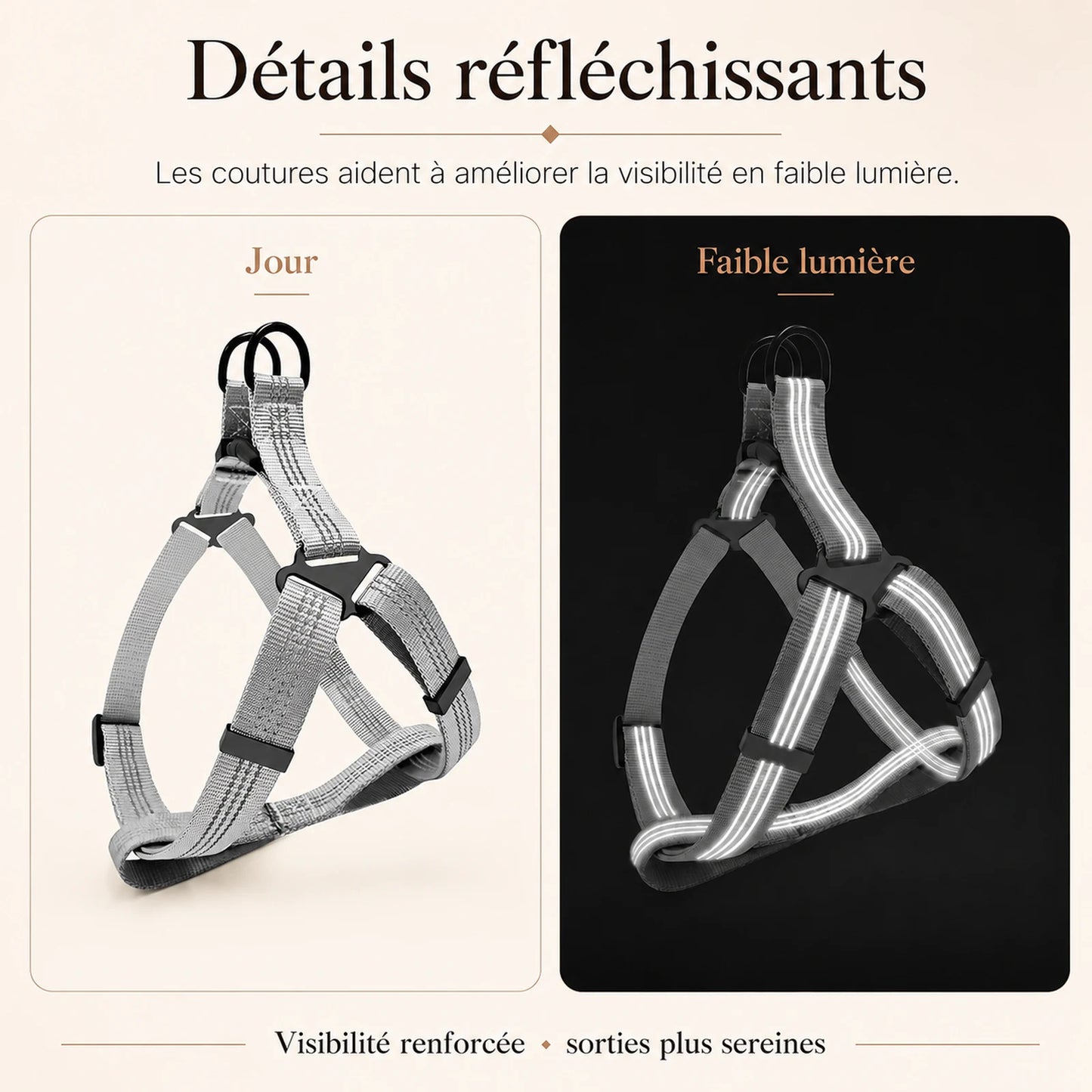 harnais chien gris detail bandes reflechissantes