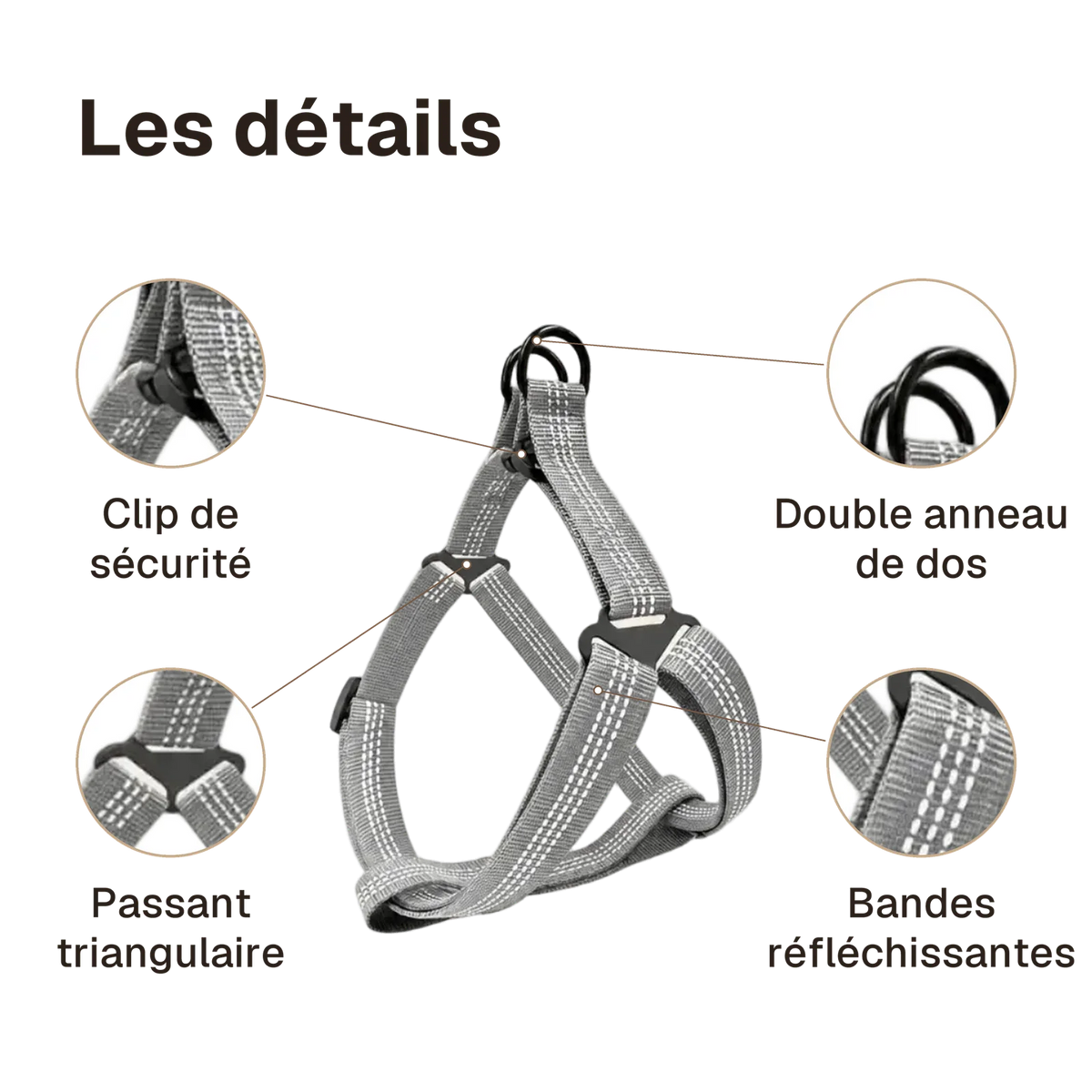 Les détails du harnais chien Y gris : double anneau de dos, clip de sécurité, passant triangulaire, bandes réfléchissantes