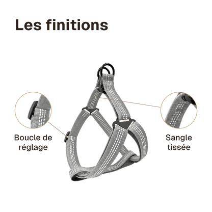 Les finitions du harnais chien Y gris : boucle de réglage, sangle tissée