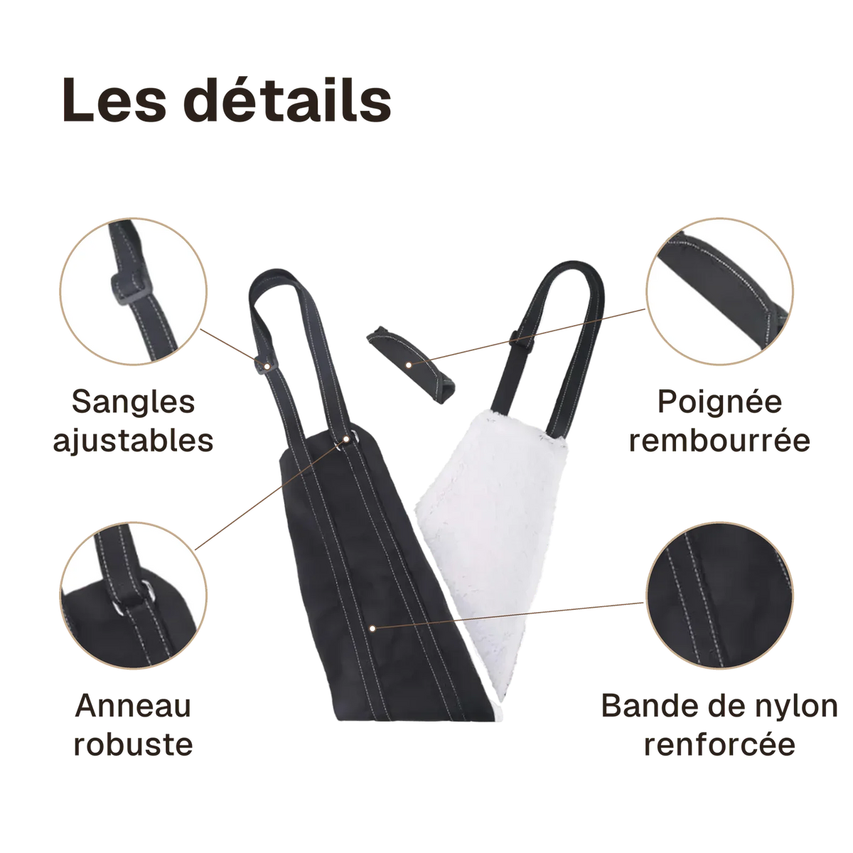 Les détails du harnais de soutien pour chien handicapé : sangles ajustables, anneau robuste, poignée rembourrée, bande de nylon renforcée