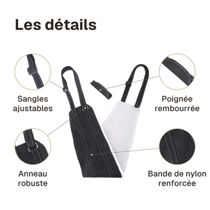 Les détails du harnais de soutien pour chien handicapé : sangles ajustables, anneau robuste, poignée rembourrée, bande de nylon renforcée