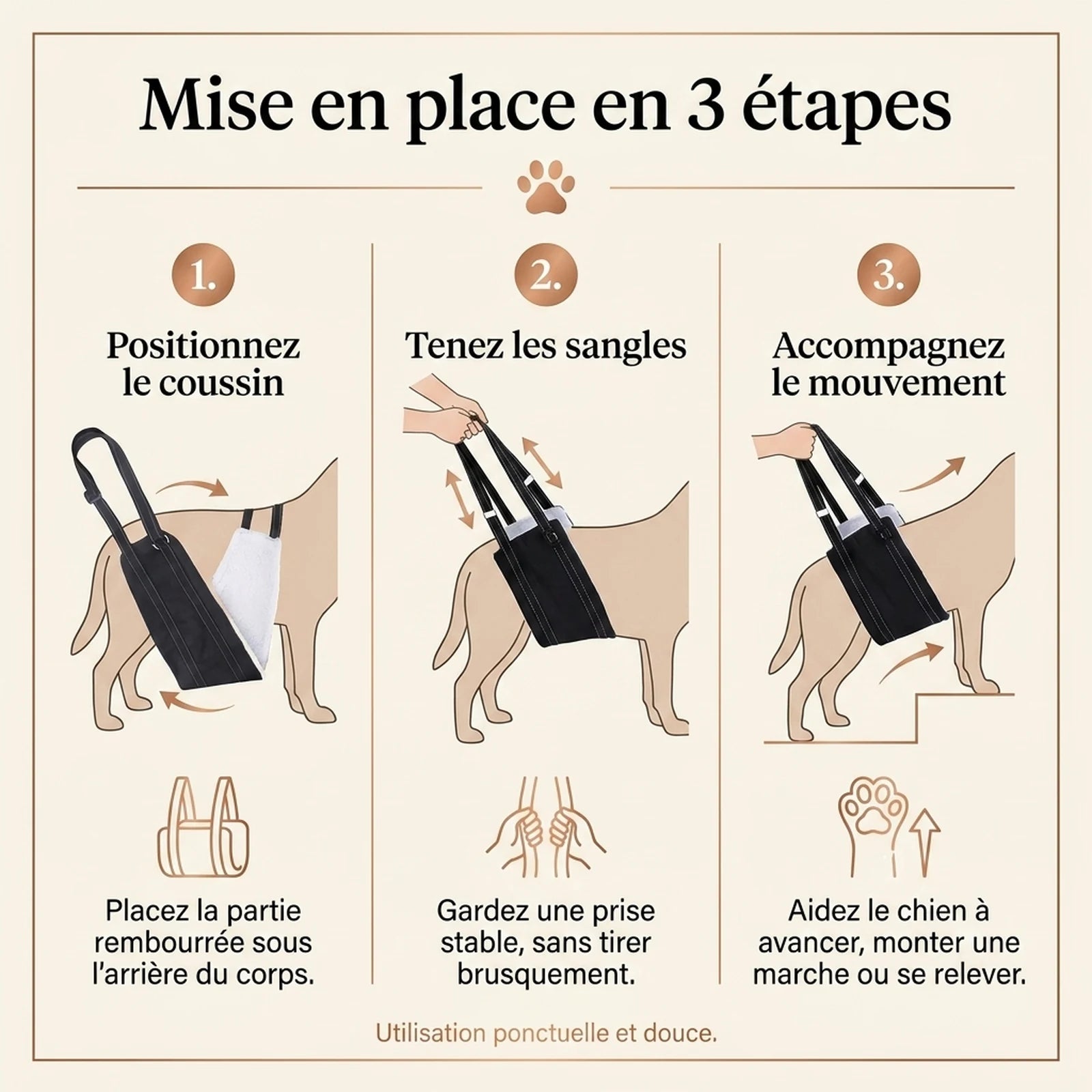 Harnais Chien Handicapé Noir - mise en place 3 etapes v2