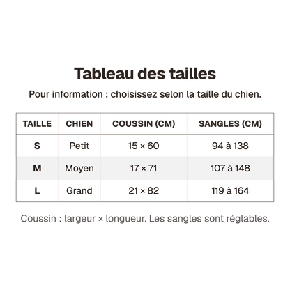 Tableau des tailles du harnais de soutien pour chien handicapé noir