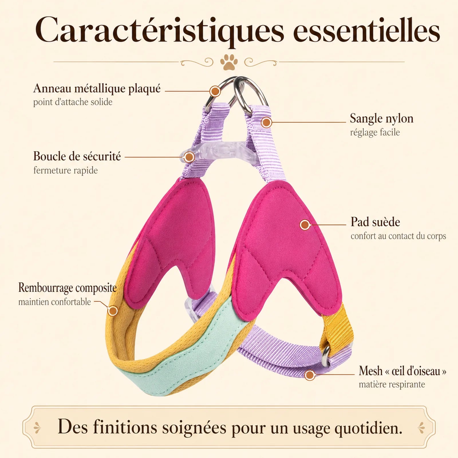 harnais chien macaron caracteristiques essentielles