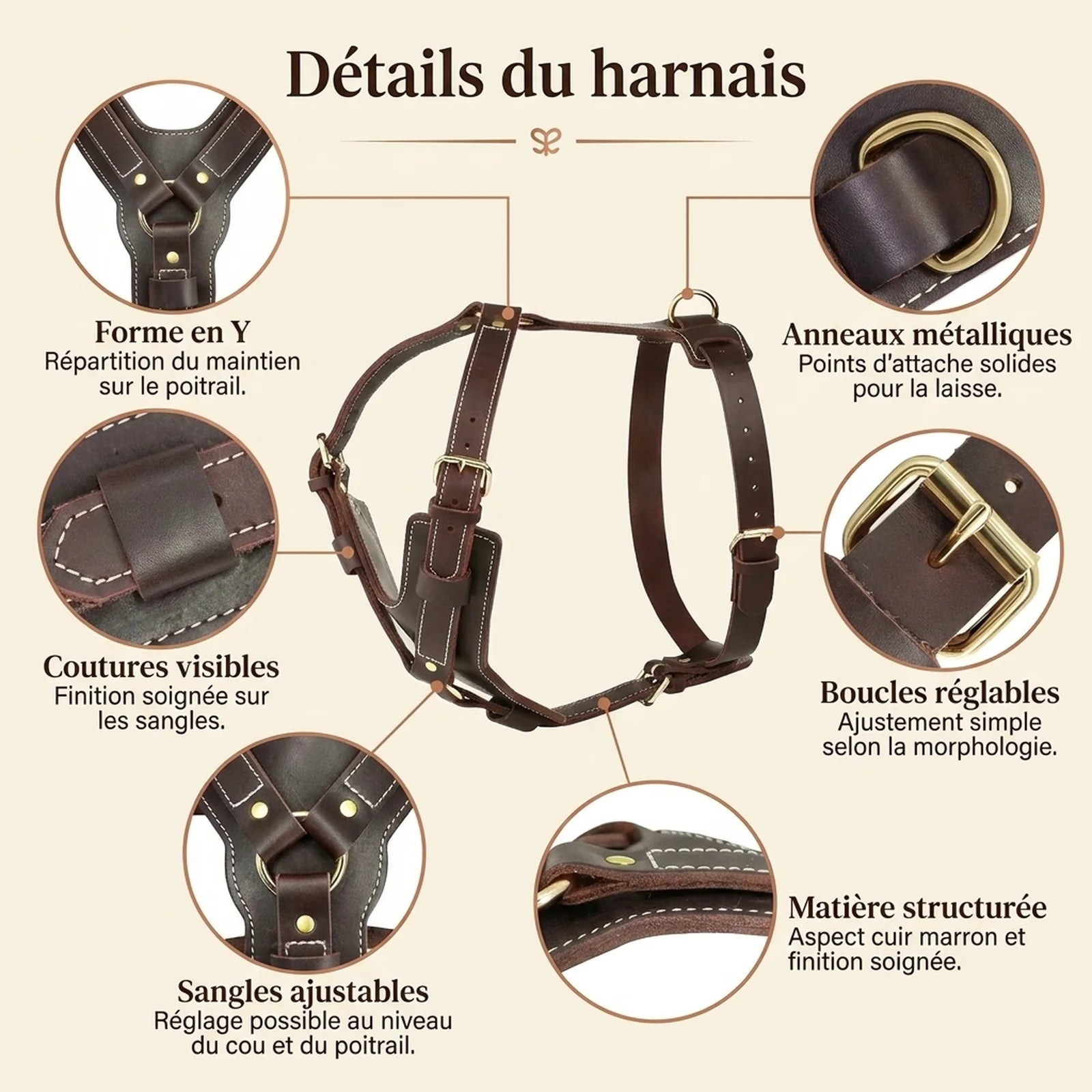 Harnais Chien Poignee Cuir - detail caracteristiques zooms v2