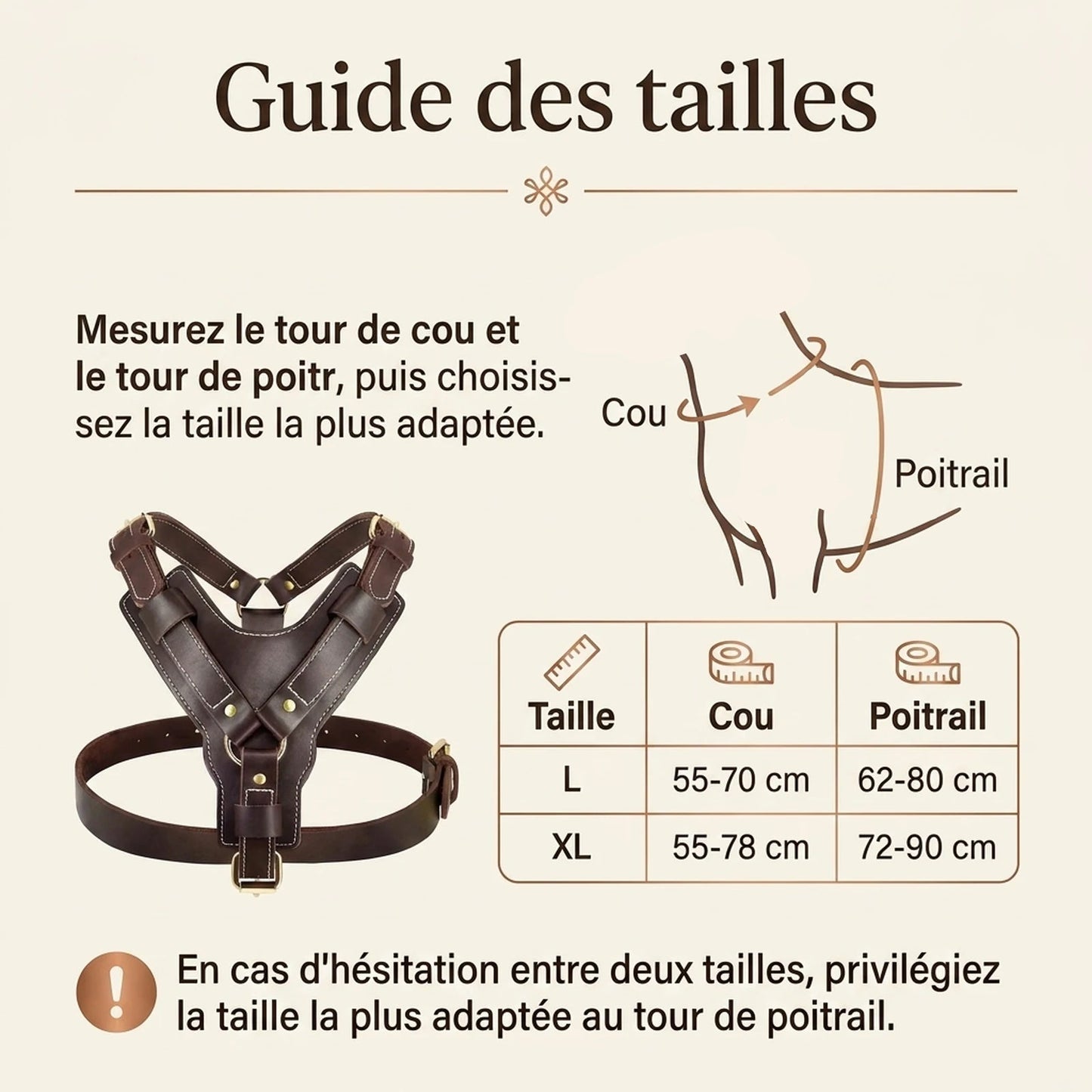 Harnais Chien Poignee Cuir - guide des tailles