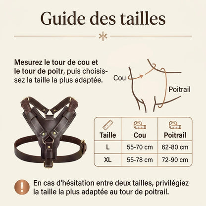 Harnais Chien Poignee Cuir - guide des tailles
