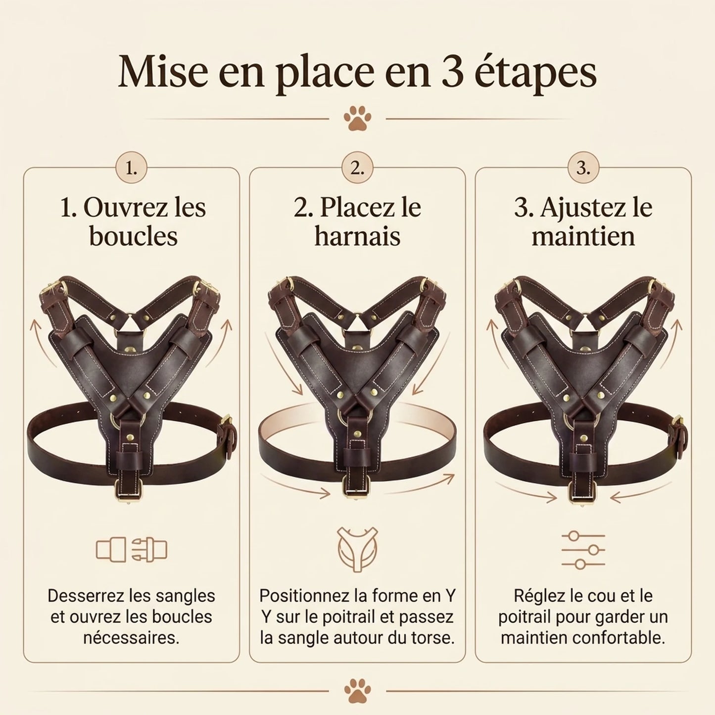 Harnais Chien Poignee Cuir - mise en place 3 etapes