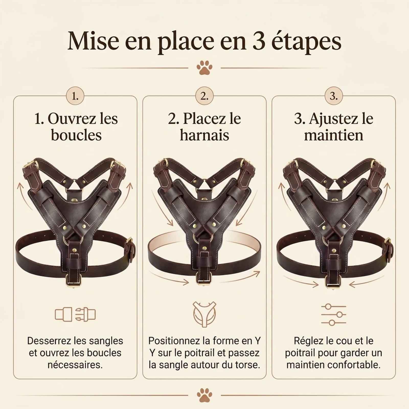 Harnais Chien Poignee Cuir - mise en place 3 etapes