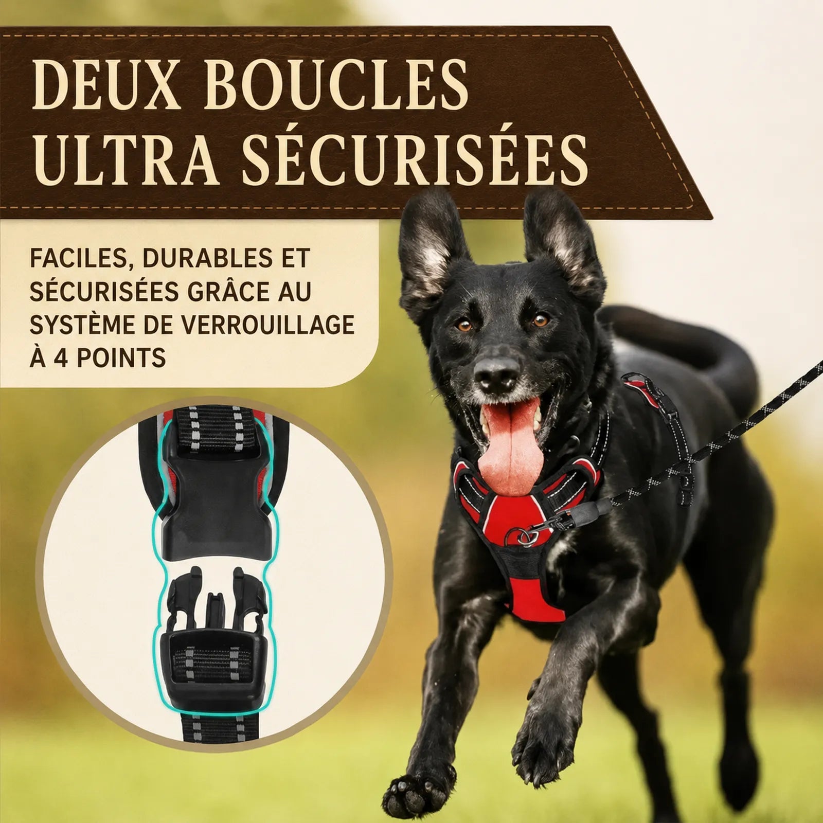 Harnais Chien Poignée Polyvalent - Deux boucles ultra sécurisées