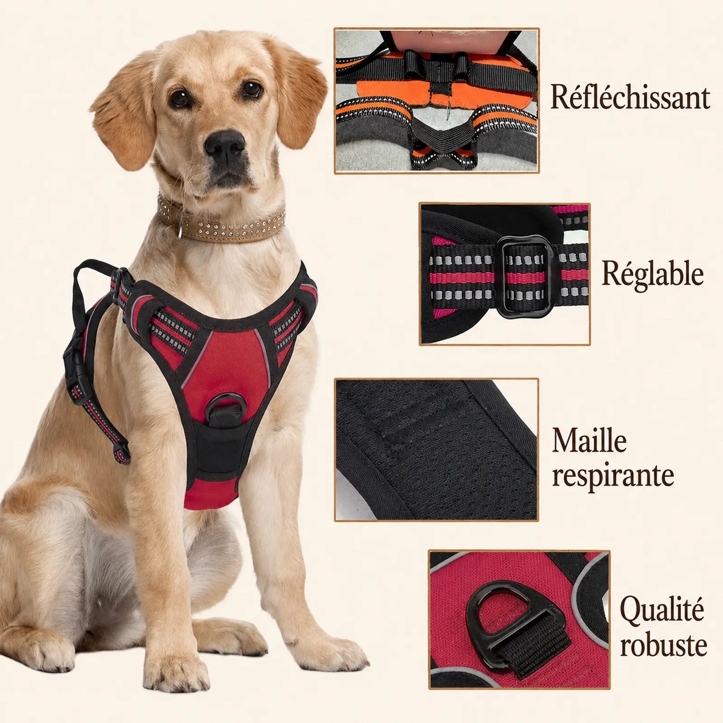 Harnais Chien Poignée Polyvalent - Réfléchissant, réglable, maille respirante, qualité robuste