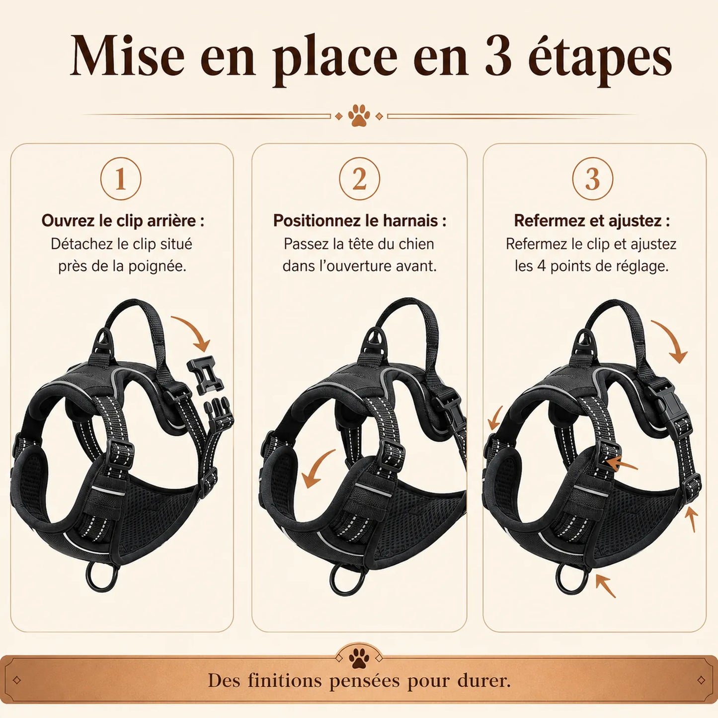 harnais chien poignee polyvalent mise en place 3 etapes