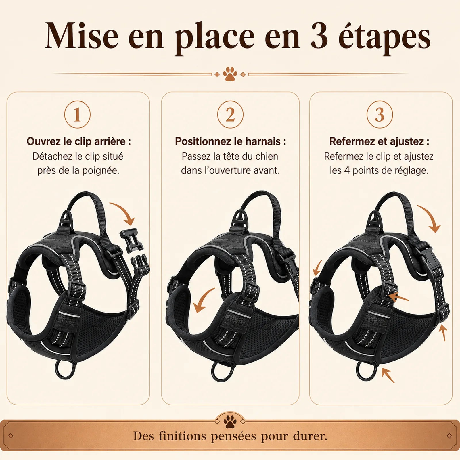 harnais chien poignee polyvalent mise en place 3 etapes