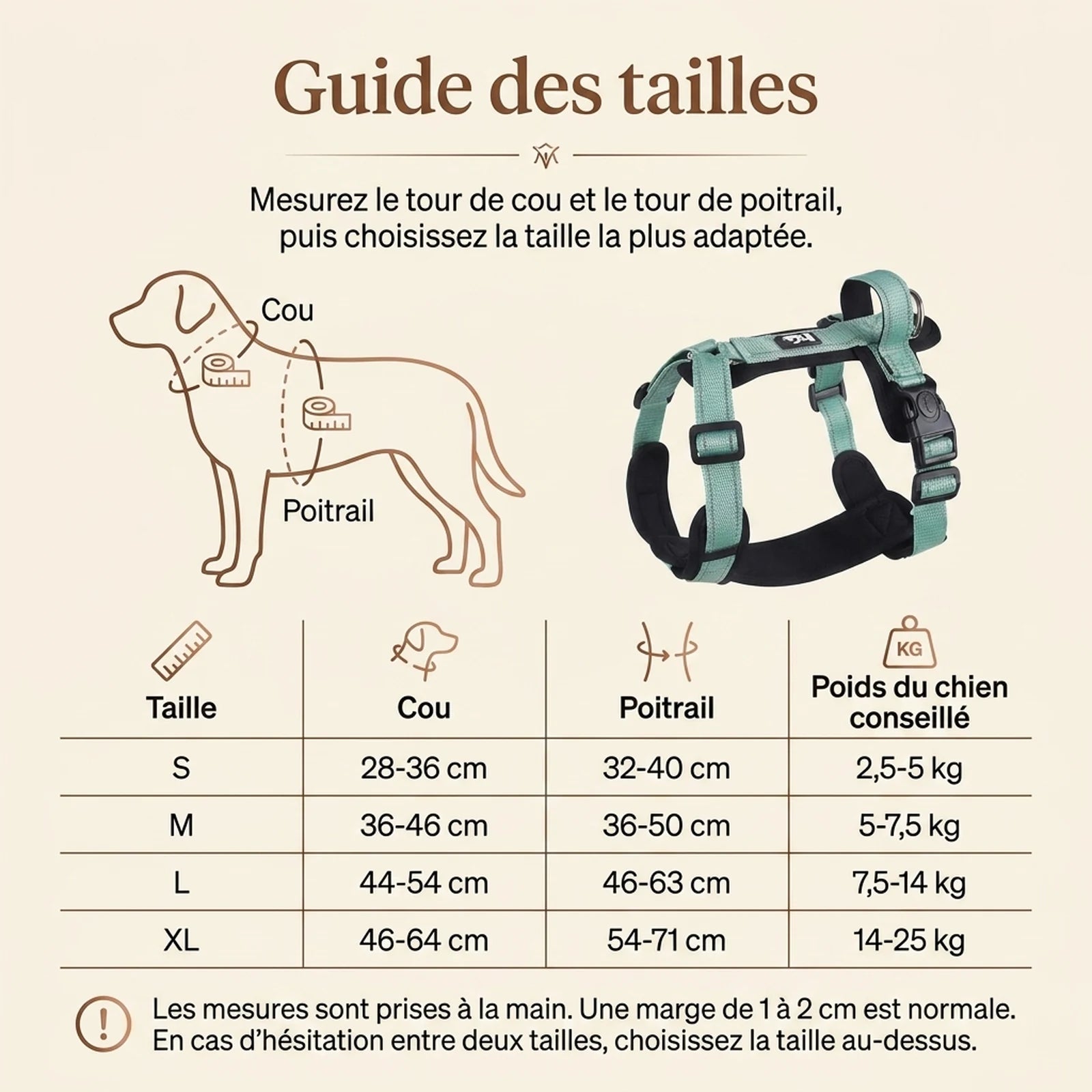 Harnais Chien Poignée Réfléchissant - guide des tailles