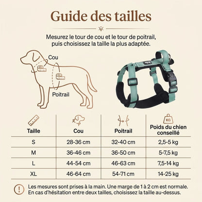 Harnais Chien Poignée Réfléchissant - guide des tailles