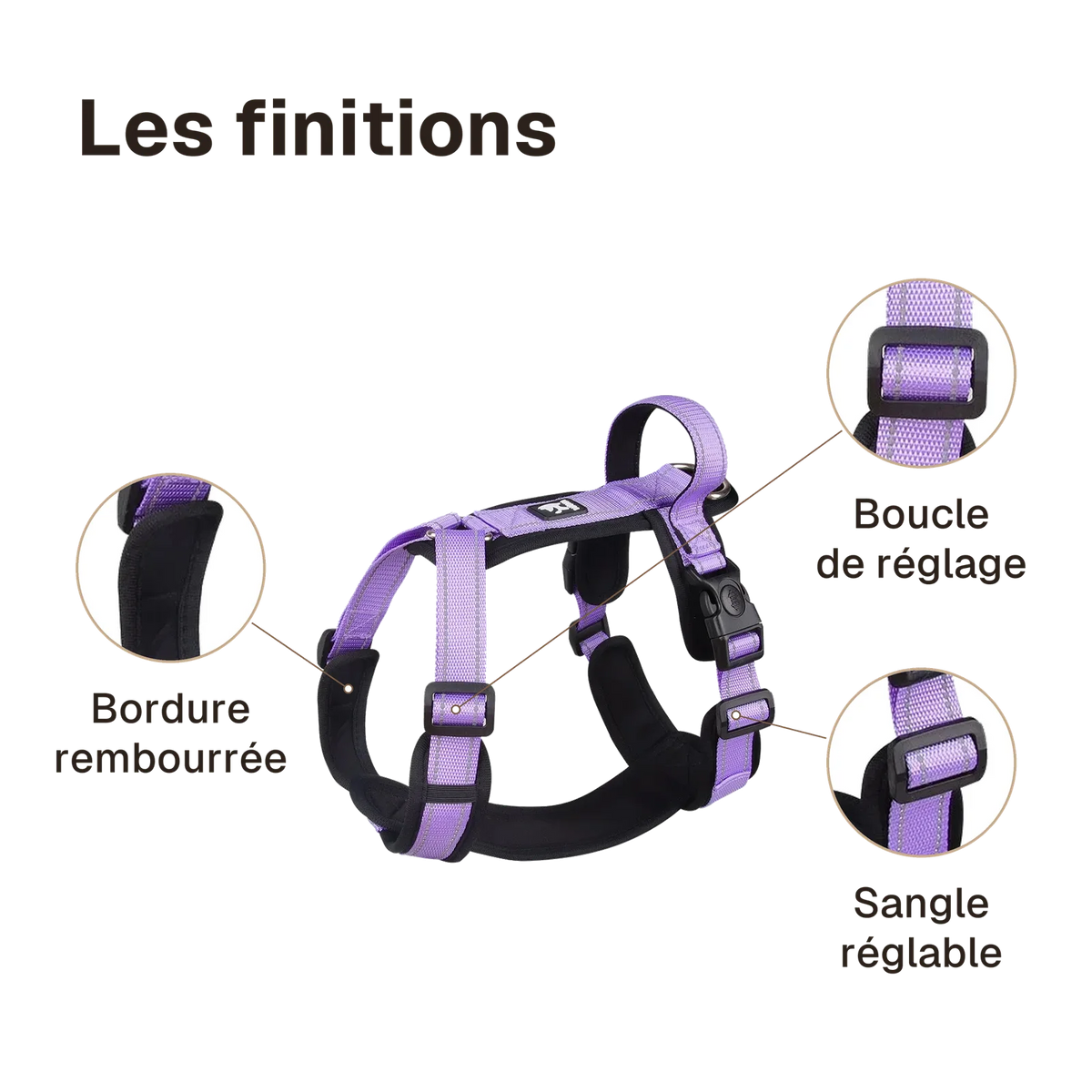 Les finitions du harnais chien poignée réfléchissant : boucle de réglage, bordure rembourrée, sangle réglable