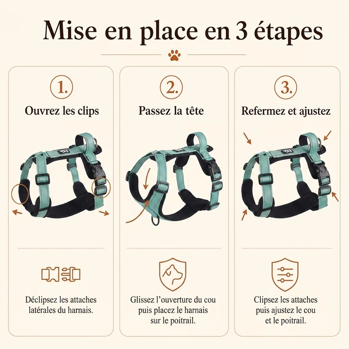 Harnais Chien Poignée Réfléchissant - mise en place 3 etapes