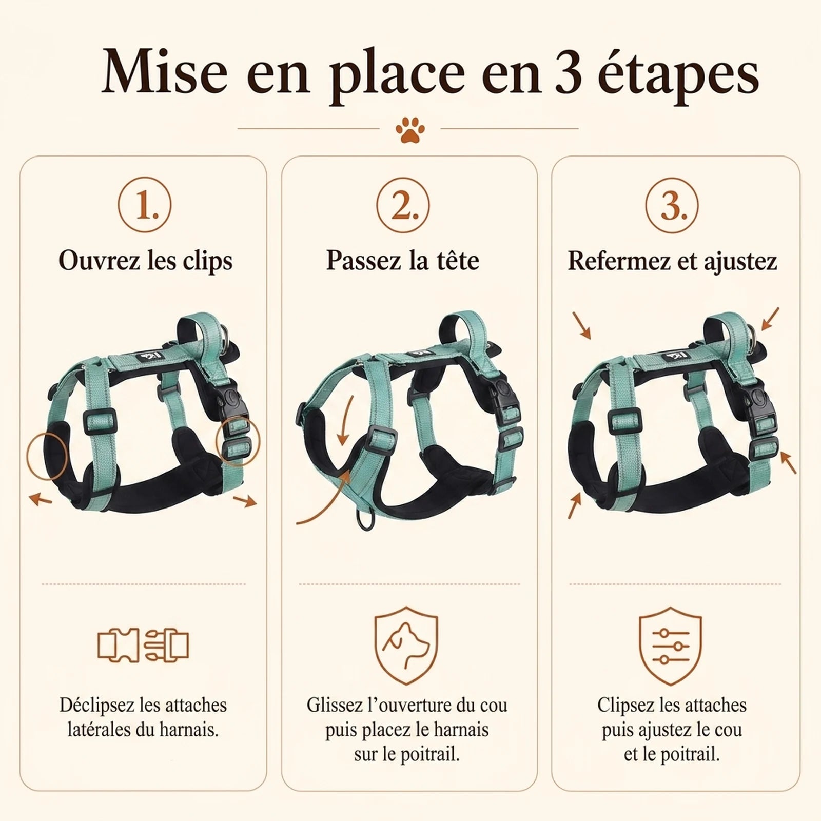 Harnais Chien Poignée Réfléchissant - mise en place 3 etapes