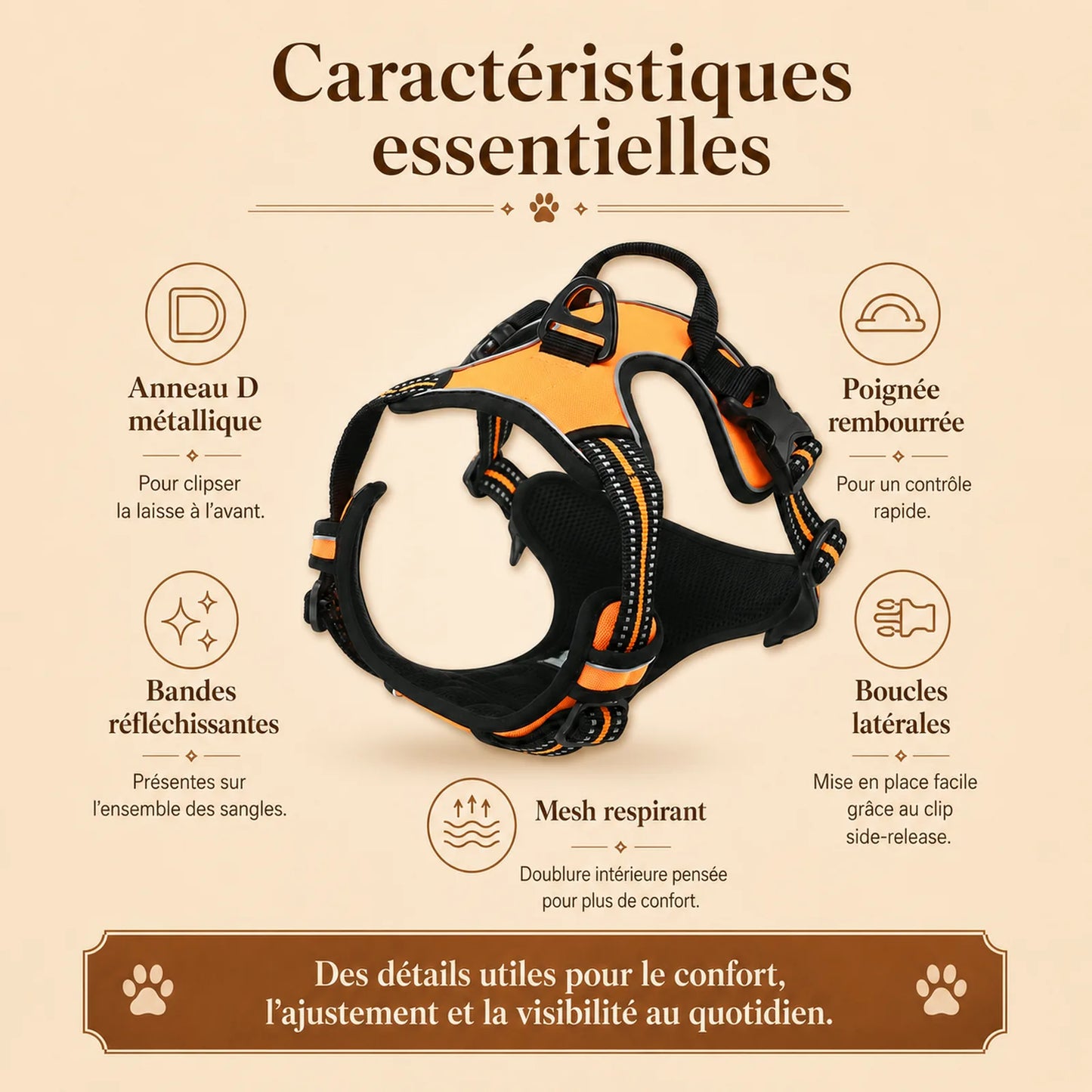 harnais chien reflechissant ajustable caracteristiques essentielles