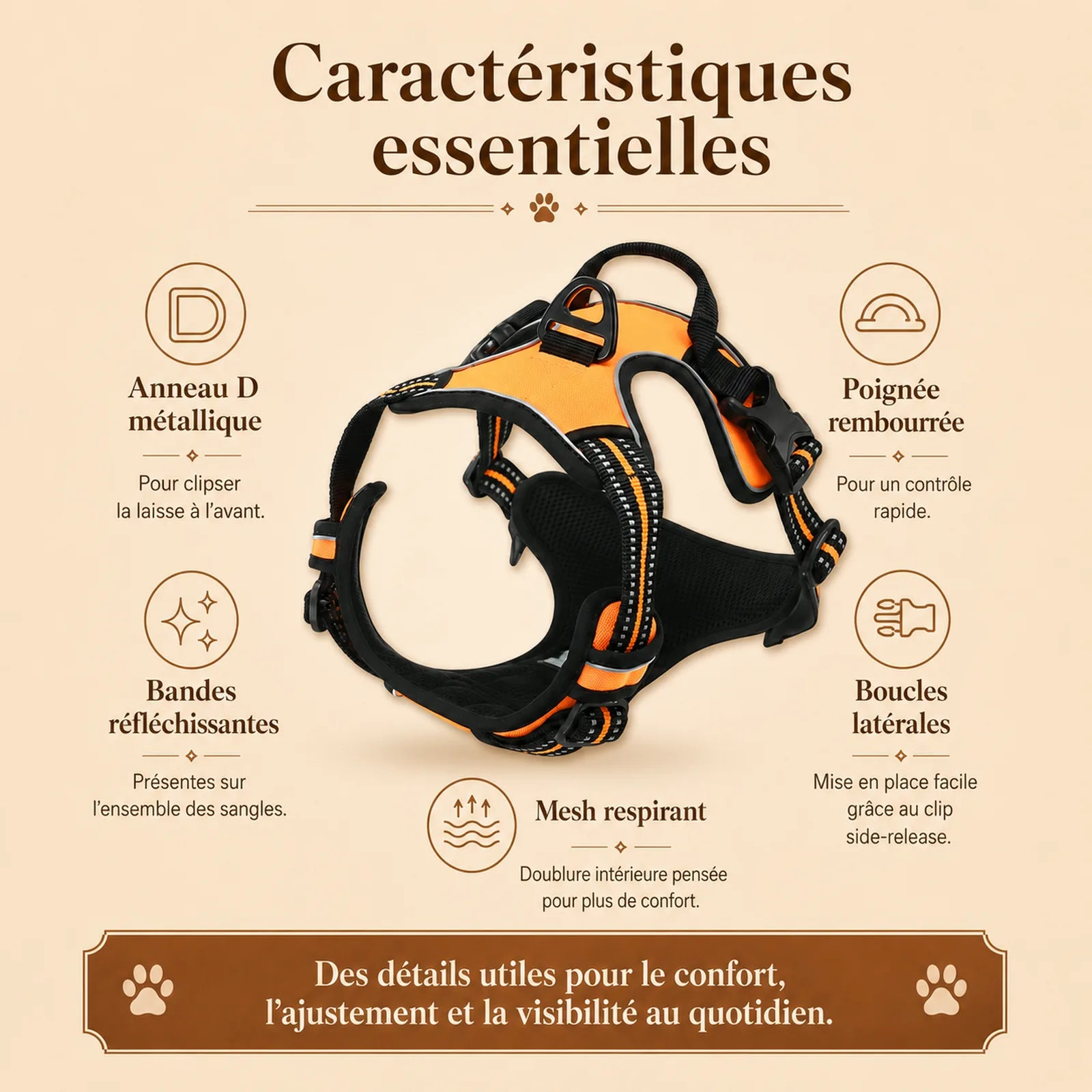 harnais chien reflechissant ajustable caracteristiques essentielles