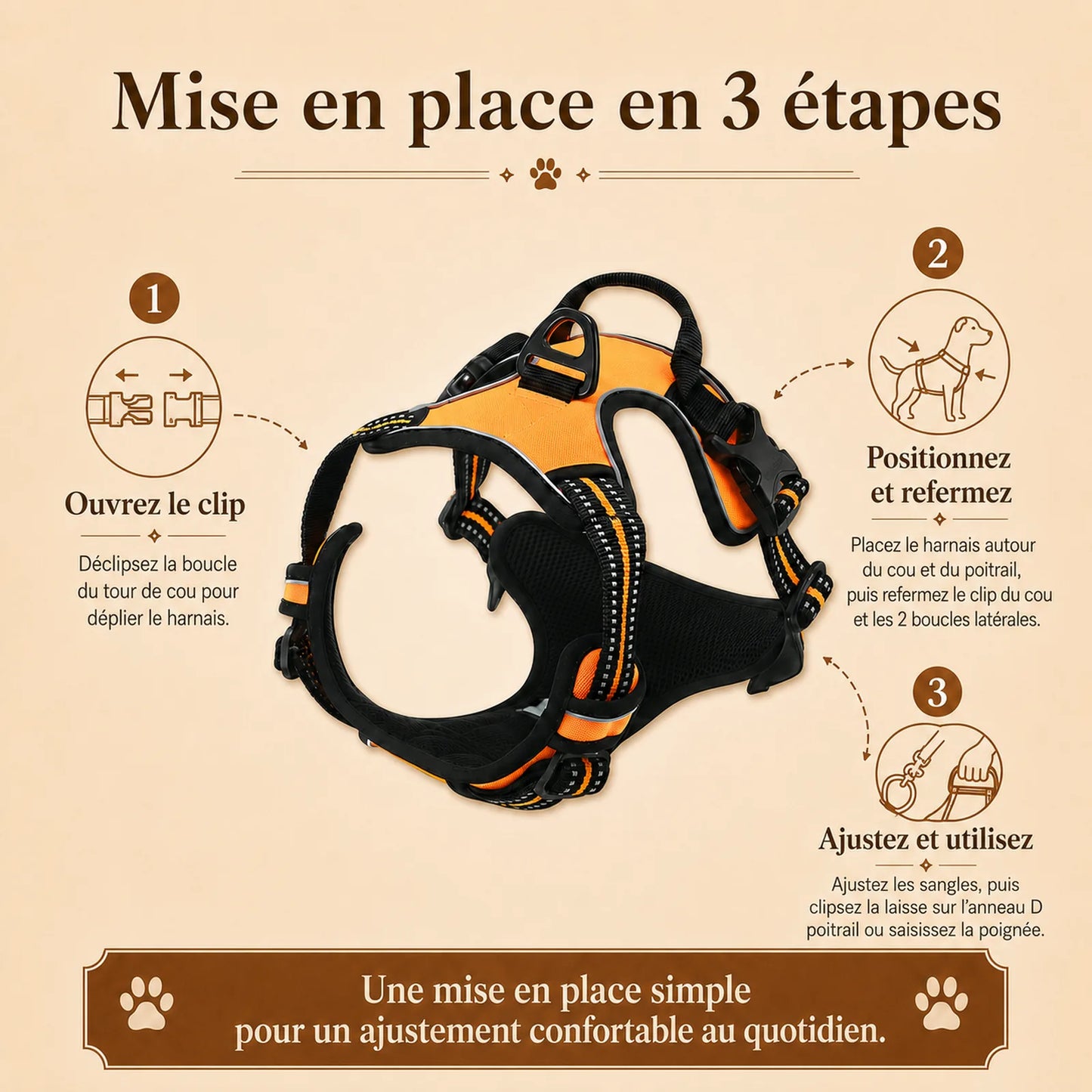 harnais chien reflechissant ajustable mise en place 3 etapes v2