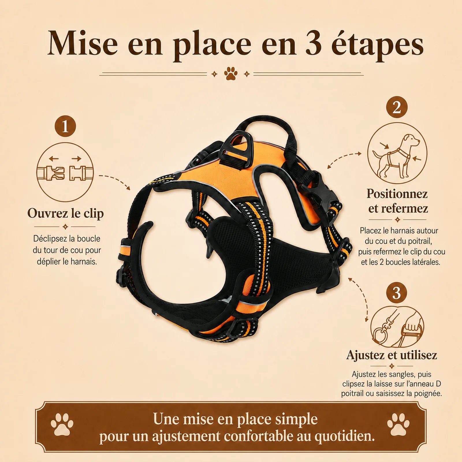 harnais chien reflechissant ajustable mise en place 3 etapes v2