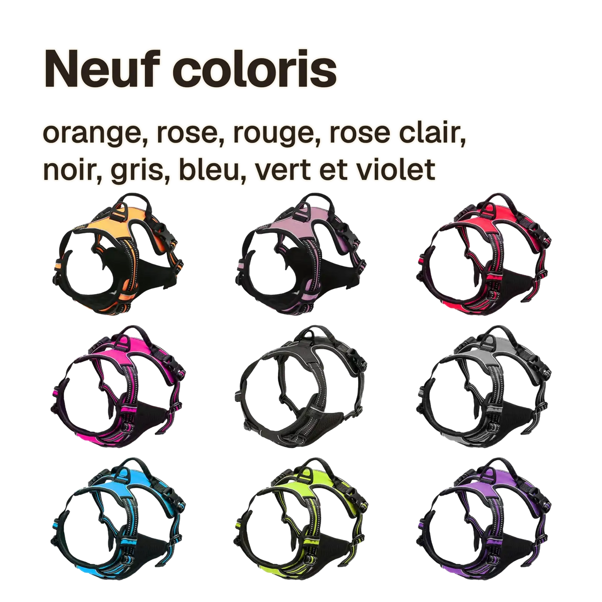 Harnais chien réfléchissant ajustable en neuf coloris : orange, rose, rouge, rose clair, noir, gris, bleu, vert et violet