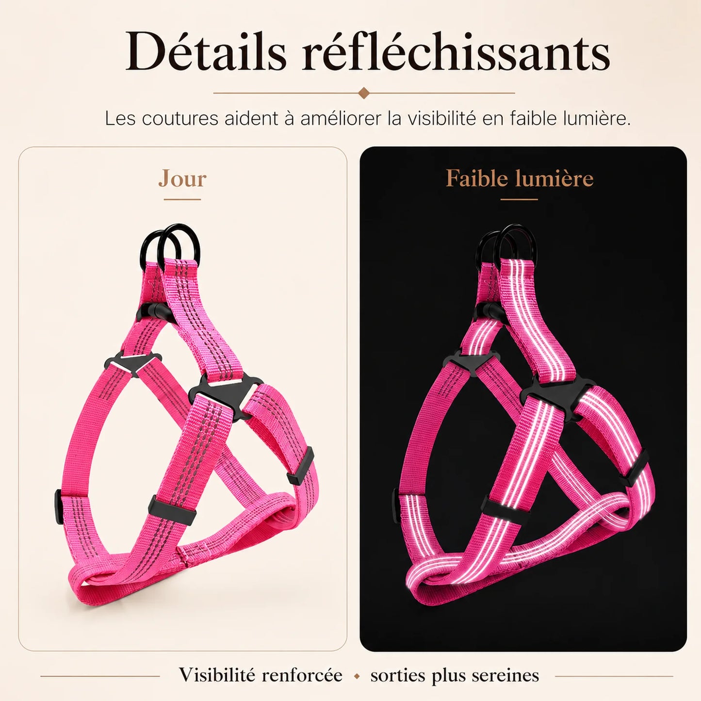 harnais chien rose detail bandes reflechissantes