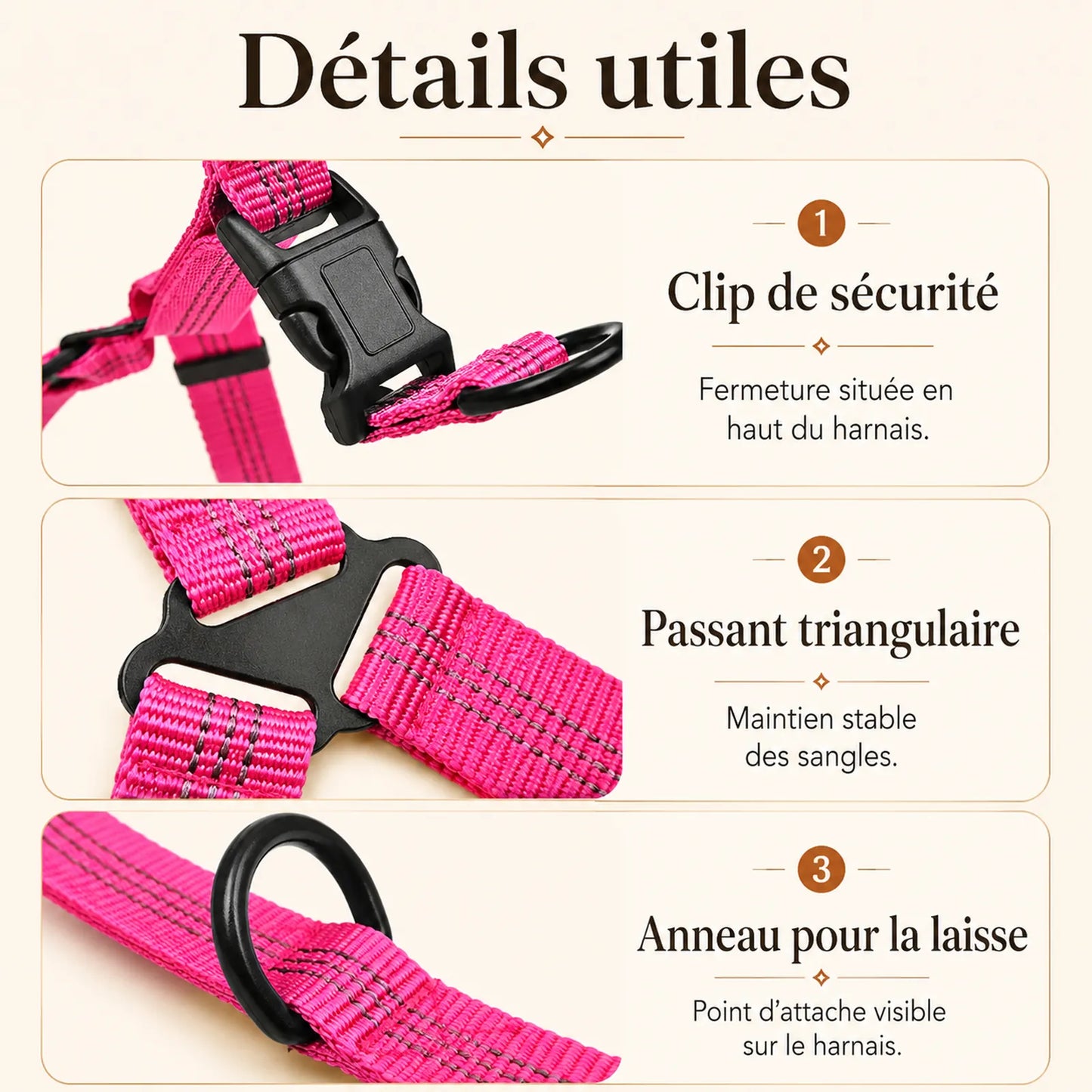 harnais chien rose detail clips anneaux