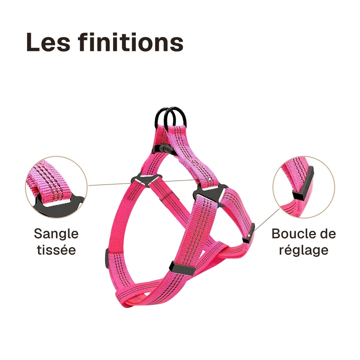 Les finitions du harnais chien Y rose : boucle de réglage, sangle tissée