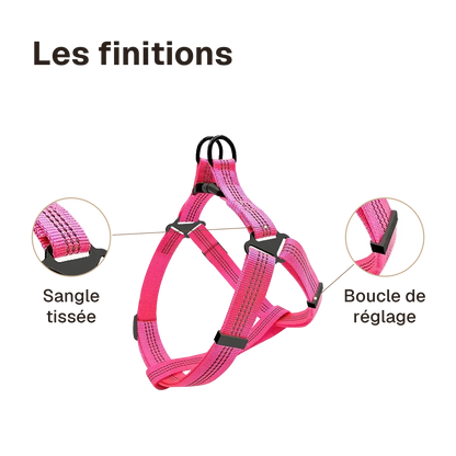 Les finitions du harnais chien Y rose : boucle de réglage, sangle tissée