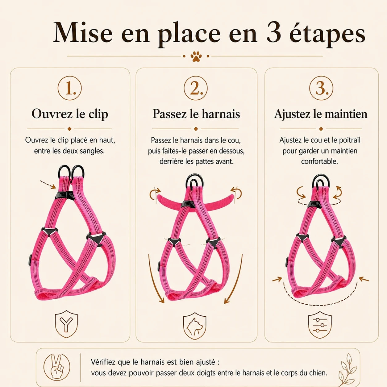 harnais chien rose mise en place 3 etapes