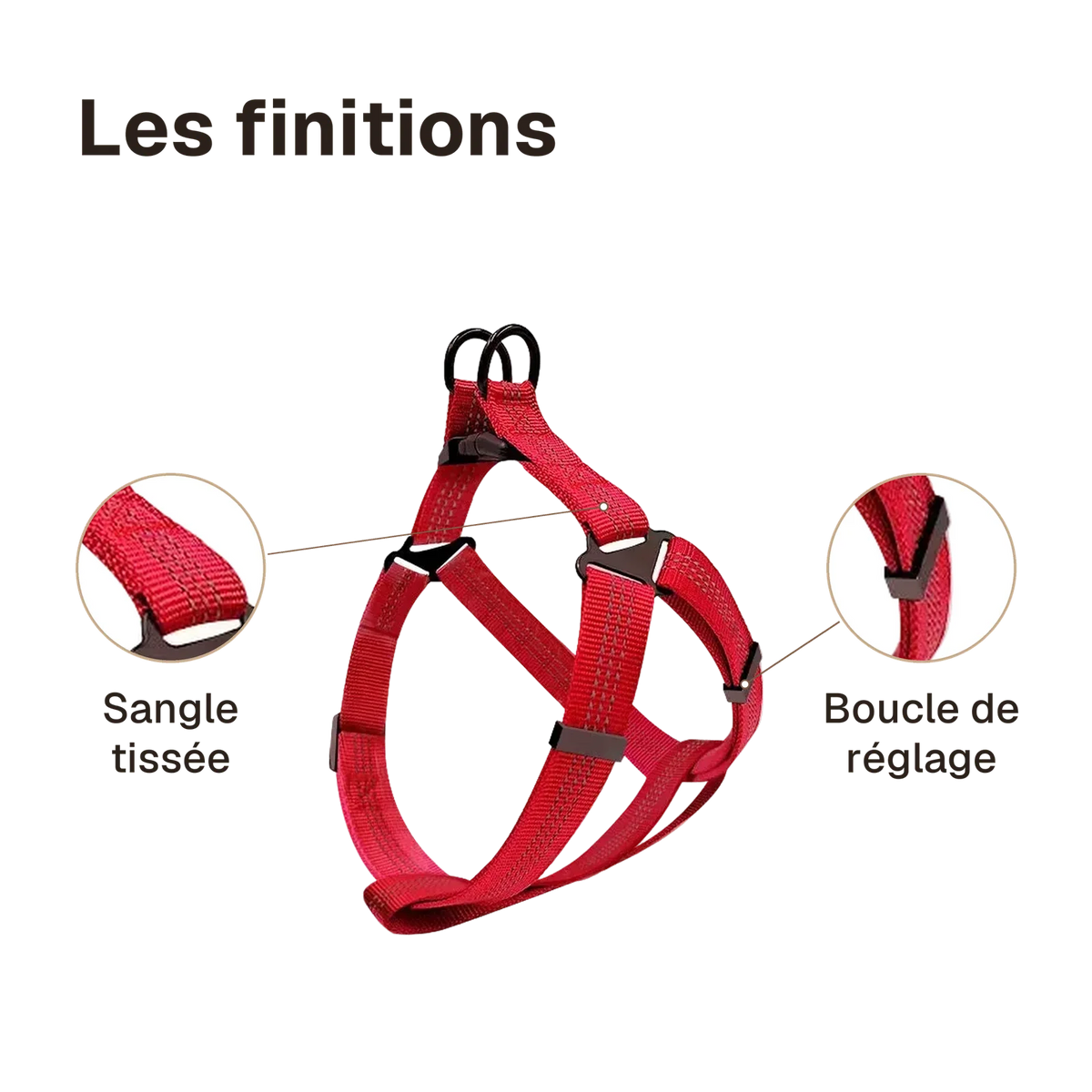 Les finitions du harnais chien Y rouge : boucle de réglage, sangle tissée