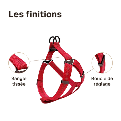 Les finitions du harnais chien Y rouge : boucle de réglage, sangle tissée