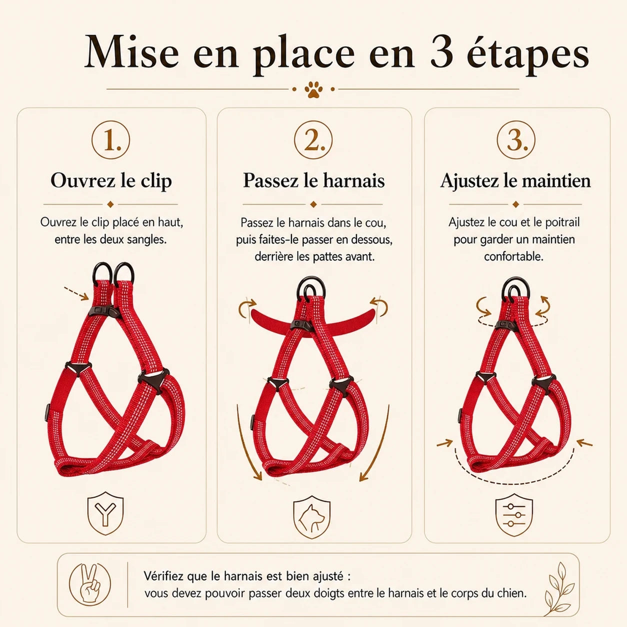 harnais chien rouge mise en place 3 etapes