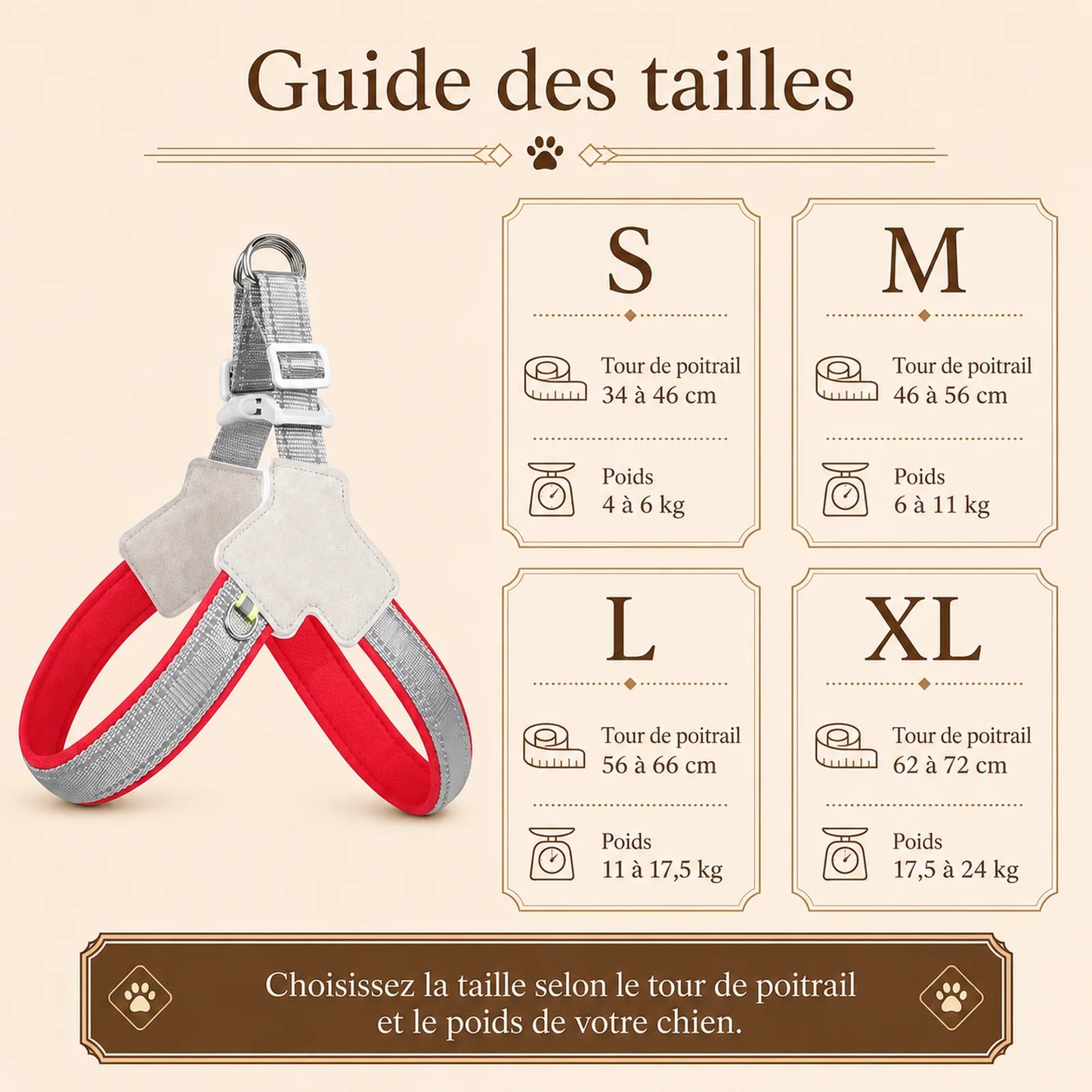 harnais chien rouge reflechissant guide des tailles