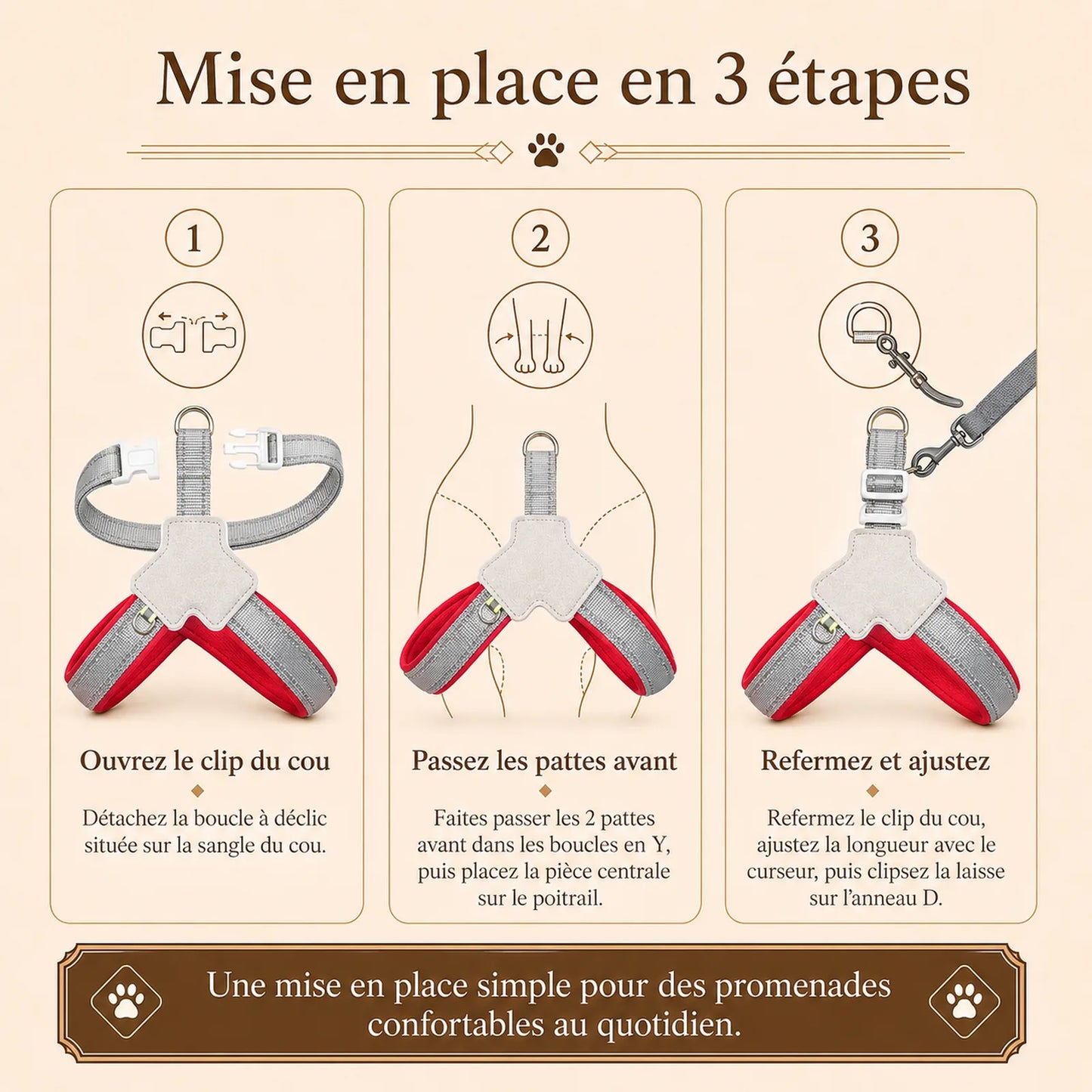 harnais chien rouge reflechissant mise en place 3 etapes