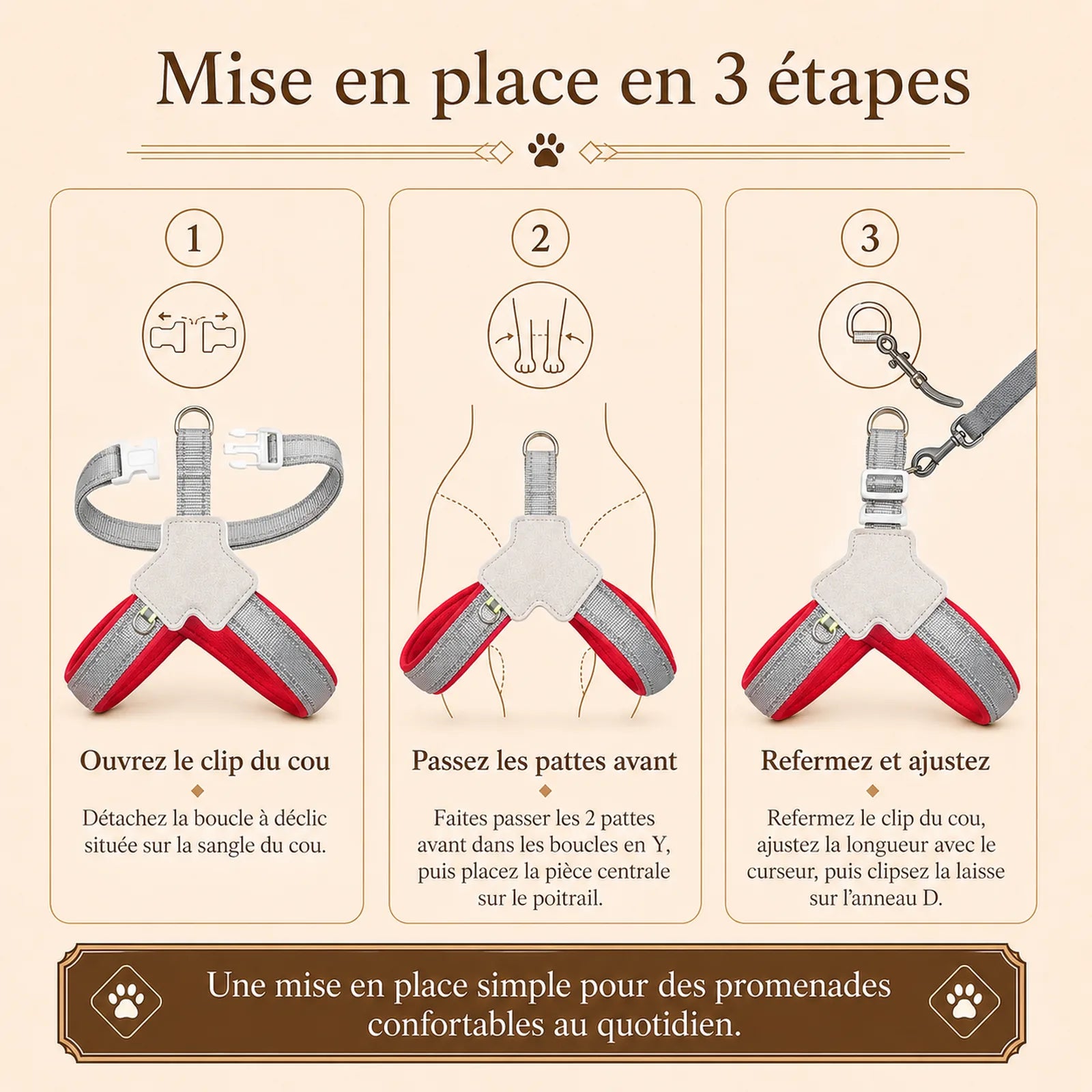 harnais chien rouge reflechissant mise en place 3 etapes