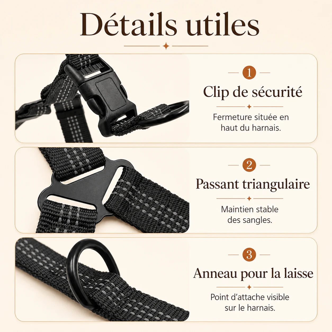 harnais chien y noir detail clips anneaux