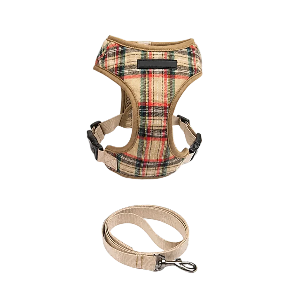 Harnais Chiot Classique Ajustable, motif tartan beige