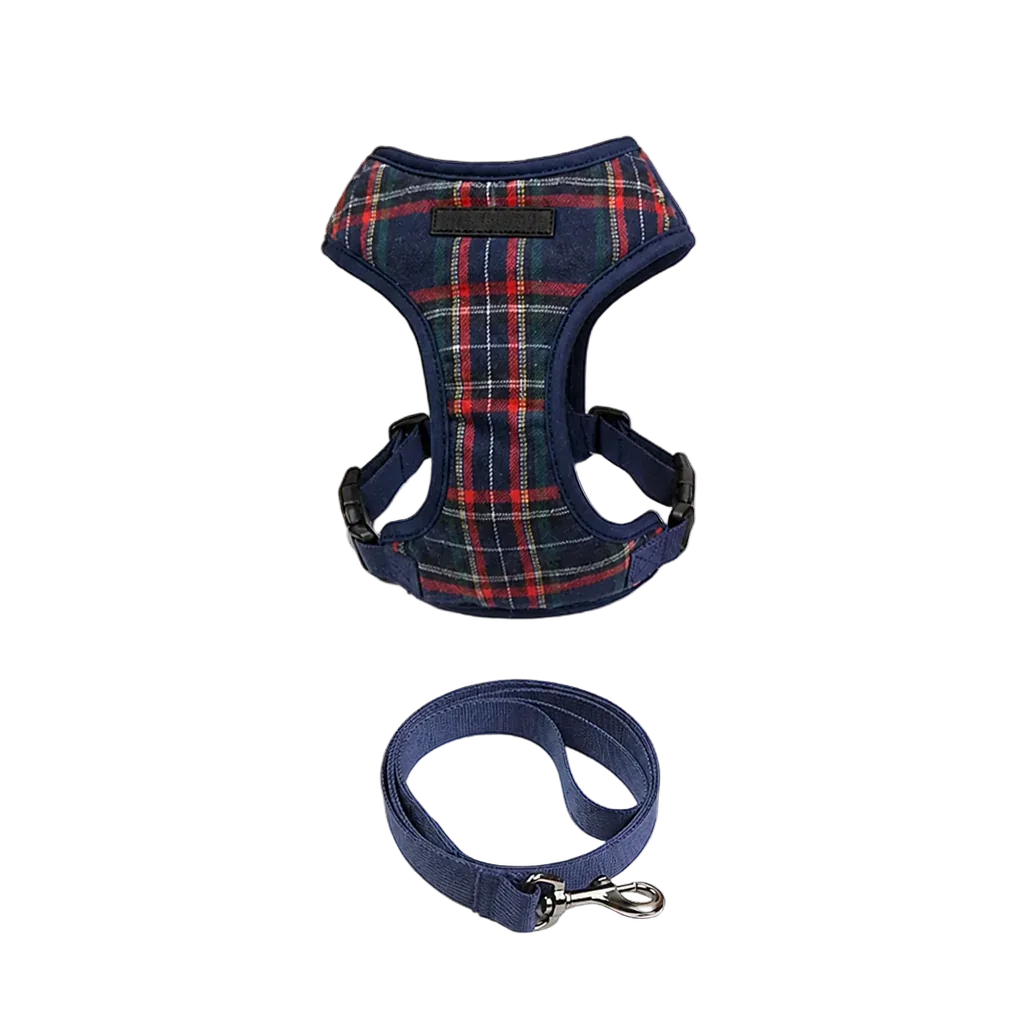 Harnais Chiot Classique Ajustable, coloris bleu marine tartan avec laisse