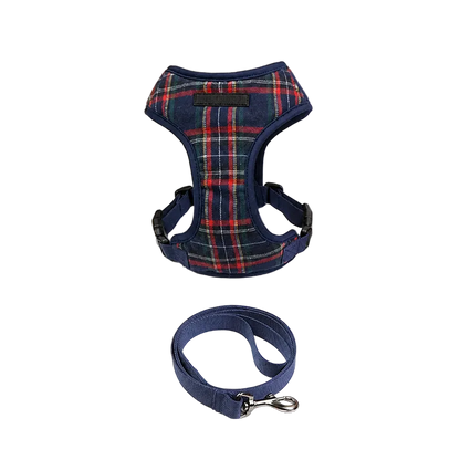 Harnais Chiot Classique Ajustable, coloris bleu marine tartan avec laisse