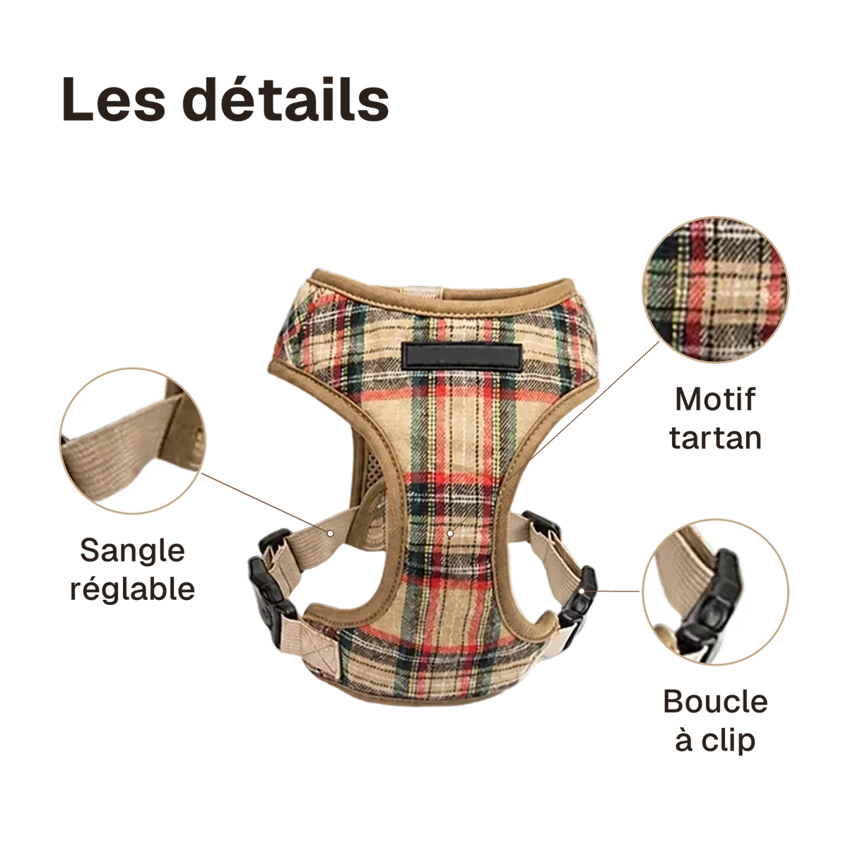 Les détails du harnais chiot classique ajustable : motif tartan, boucle à clip, sangle réglable