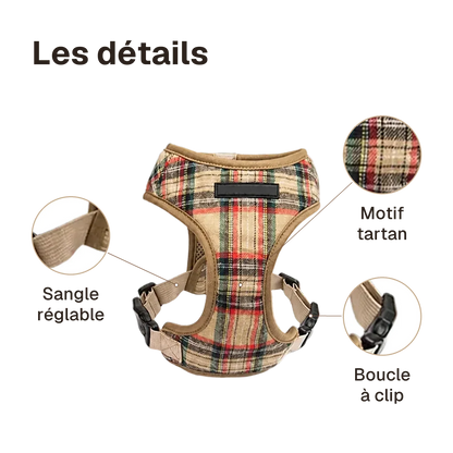 Les détails du harnais chiot classique ajustable : motif tartan, boucle à clip, sangle réglable