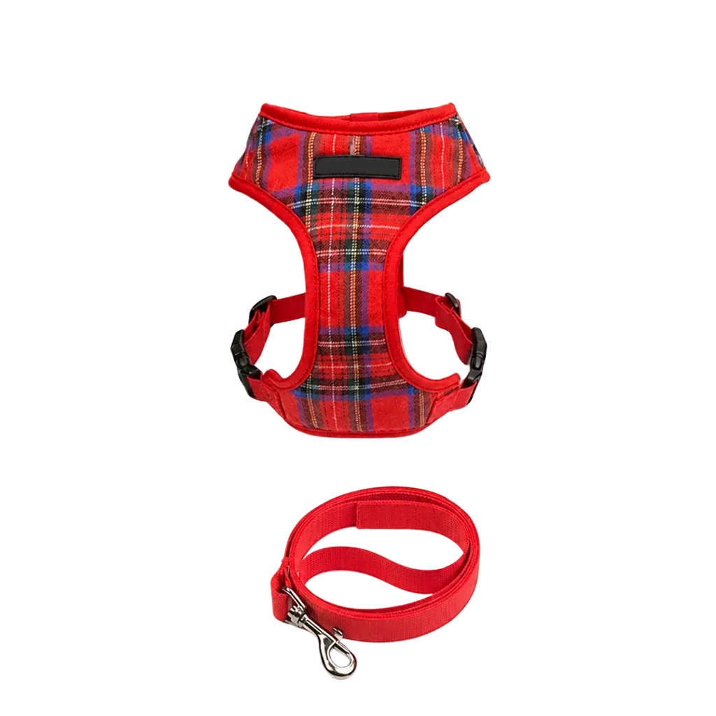 Harnais Chiot Classique Ajustable, coloris rouge tartan avec laisse