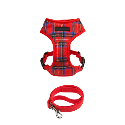 Harnais Chiot Classique Ajustable, coloris rouge tartan avec laisse